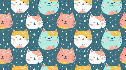 happy baby cat  kitten animal face with polka dot pastel soft tone color, seamless pattern  nursery design cartoon style illustration with grungy texture, Generative Ai