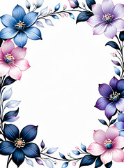 Watercolor purple and red flowers on light background for banner. Flat lay, top view. Frame template for wedding invitation, Mothers and Womans day. Floral composition with copy space.
