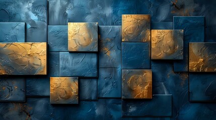 Glamorous Blue and Gold Abstract Design with Textured Shapes
