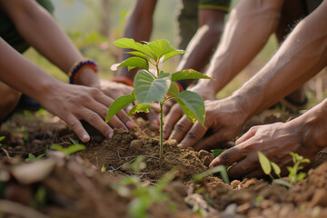 four people helping to plant a little sapling in the ground, combatting deforestation