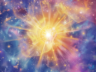 Celestial Harmony: Radiant Burst from Central Sun of universe with shining stars