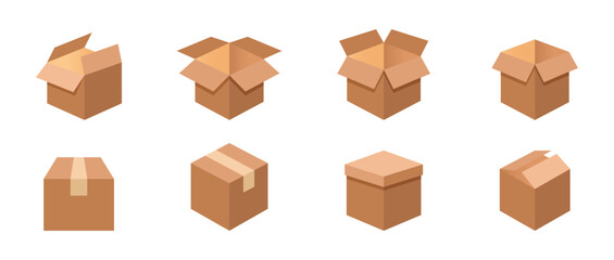 Cardboard box vector set. Delivery package boxes illustration collection.