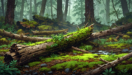 Mossy forest floor with fallen logs and ferns.