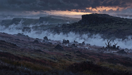 Mysterious mist-covered moors.
