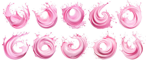 Naklejka premium Set of splashes of pink milky liquids similar to smoothie, yogurt or cream, cut out