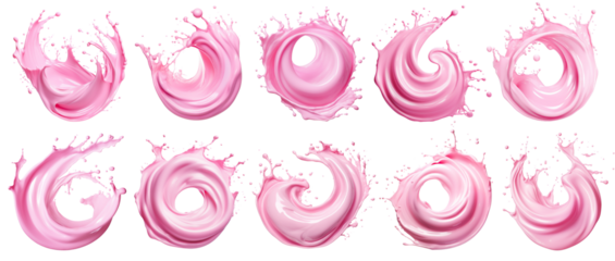 Set of splashes of pink milky liquids similar to smoothie, yogurt or cream, cut out