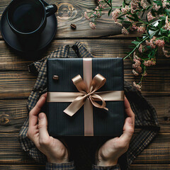 Man giving gift with coffe 