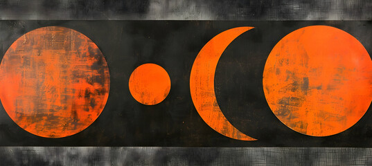 An abstract composition featuring oversized, vivid orange circles on a charcoal grey, rough textured backdrop, emphasizing the interplay of shadows and light