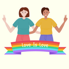 Pride month banner concept with two girls and rainbow flag