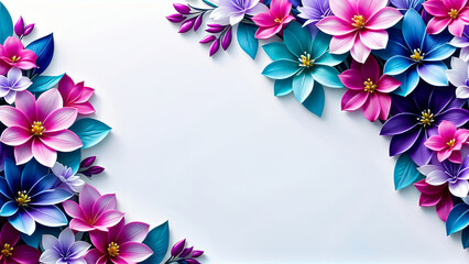 Banner with watercolor purple and magenta flowers on light background. Flat lay, top view. Frame template for web, wedding invitation, Mothers and Womans day. Floral composition with copy space.
