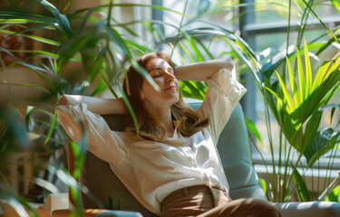 A relaxed woman sitting in an armchair, hands behind her head and eyes closed with smile on face. She is wearing brown pants and white shirt, surrounded by green plants and sunlight streaming through 