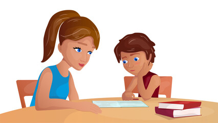 Mom and boy are sitting at the table and doing their homework. Training concept.