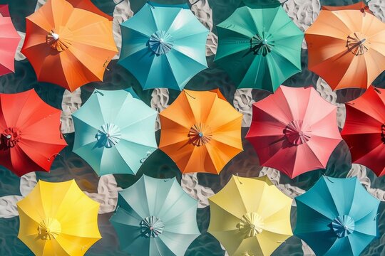 Overhead view of colorful beach umbrellas pattern on a sandy beach