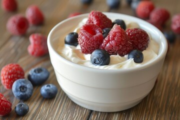 Fresh greek yogurt with raspberries and blueberries in a white bowl