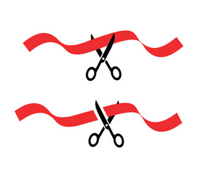 Illustration of cutting a red ribbon with scissors. Symbol of the grand opening or completion of construction. Festive event, opening of a new facility.