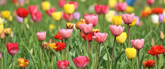 Spring landscape. Tulips of different colors grow on the field.
