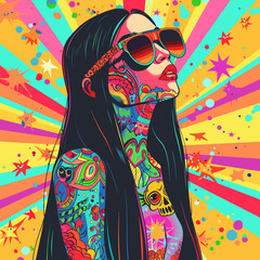 A woman with colorful tattoos and a long black hair is wearing sunglasses