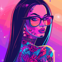 A woman with long hair and tattoos on her face is wearing glasses