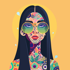 A woman with a colorful design on her face and a colorful background
