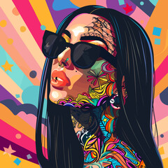 A woman with colorful tattoos and a colorful background