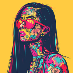 A woman with colorful tattoos and a long, dark hair is wearing sunglasses