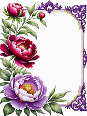 Watercolor gold wedding frame, purple and red peony flowers on light background. Flat lay, top view. Frame template for wedding invitation, Mothers and Womans day. Floral composition with copy space.
