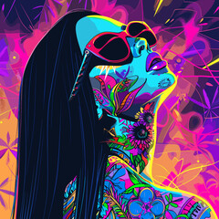 A woman with long hair and colorful tattoos is wearing sunglasses and looking up