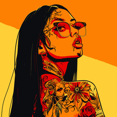 A woman with long hair and tattoos is wearing sunglasses and a necklace