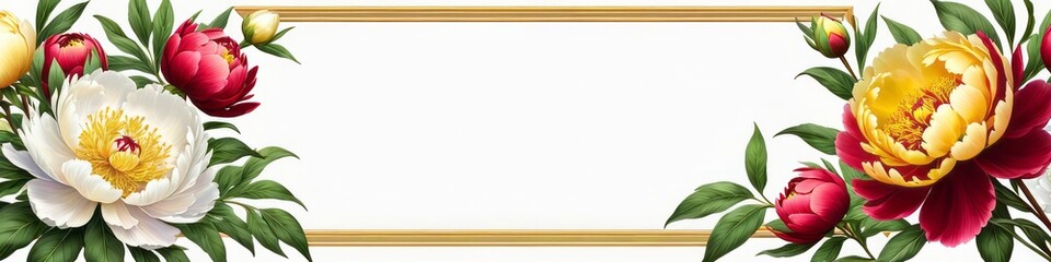 Banner with watercolor purple and red peony flowers on light background. Flat lay, top view. Frame template for web, wedding invitation, Mothers and Womans day. Floral composition with copy space.
