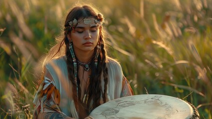 Girl playing shamanic drum in nature