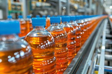 Efficient bottled juice production line in a contemporary factory setting for optimal manufacturing