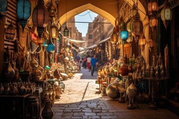 Obraz premium A Bustling Afternoon in a Traditional Middle Eastern Souk, Highlighting the Vibrant Colors, Intricate Architecture, and Diverse Array of Goods