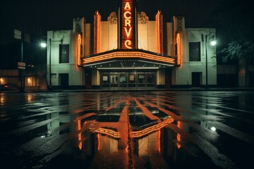 A Vintage Film Theater Illuminated by Neon Lights on a Rainy Night, Reflecting the Golden Age of Cinema