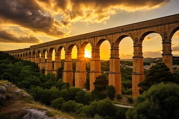 Fototapeta premium A Majestic View of an Ancient Roman Aqueduct, Gracefully Spanning Across a Verdant Valley Under a Dramatic Sunset Sky