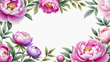 Banner with watercolor purple and pink peony flowers on light background. Flat lay, top view. Frame template for web, wedding invitation, Mothers and Womans day. Floral composition with copy space.
