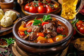 Goulash with bell pepper tomatoes herbs dumplings and beer