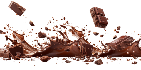 Chocolate liquid and Chocolate bar splashing in the middle isolated on white background