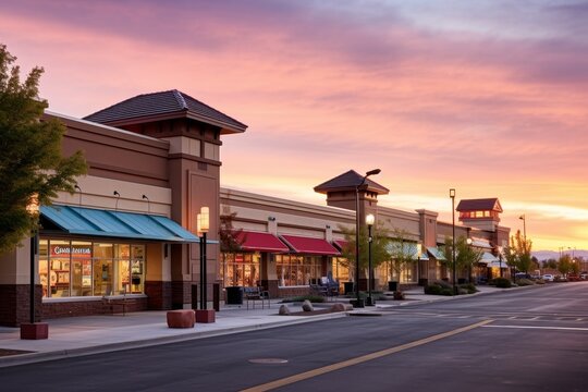 A Vibrant Suburban Strip Mall at Sunset, Featuring Unique, Eclectic Stores and Bustling with Local Shoppers