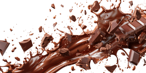 Chocolate liquid and Chocolate bar splashing in the middle isolated on white background