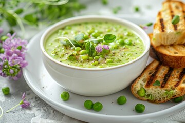 Green pea cream soup with pea shoots bacon slices grilled bread Focus on white table Vegetarian option