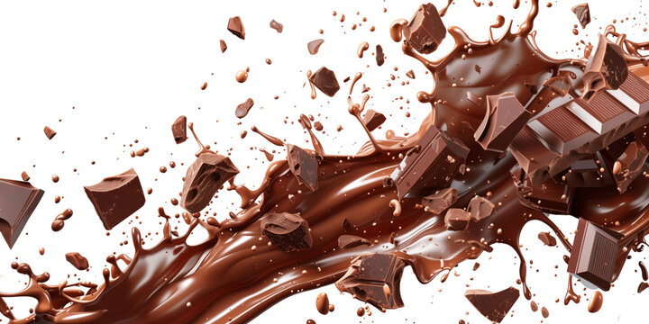 Chocolate liquid and Chocolate bar splashing in the middle isolated on white background