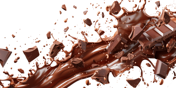 Chocolate liquid and Chocolate bar splashing in the middle isolated on white background