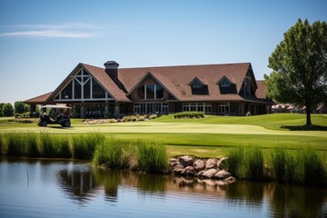 Fototapeta na wymiar A picturesque view of a suburban golf course clubhouse nestled amidst lush greenery under a clear blue sky