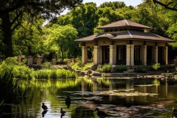 A Tranquil Afternoon at the Park Bird Sanctuary, Featuring a Variety of Birds, Lush Greenery, and...