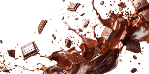 Chocolate liquid and Chocolate bar splashing in the middle isolated on white background