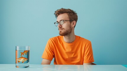 Man in Orange Contemplates Goldfish in Glass on Minimalist Blue Backdrop