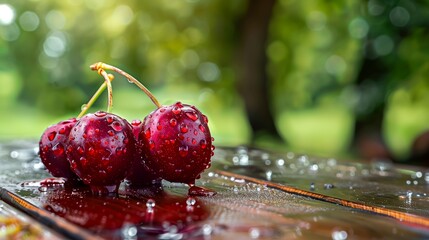 Cherries with water drops on a wooden table in the garden, generative AI.