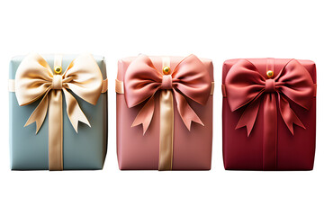 Angle light red blue pink of gift box satin bow ribbon isolated on cut out PNG or transparent background. Festive holiday Christmas, happy new years, birthday. Festival special time.