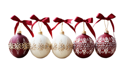 Merry Christmas collection white, red hanging balls decorated with snowflake and glitter pearls pattern Isolated on cut out PNG or transparent background. objects template, greeting gift card.	