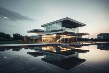 Obraz premium A Modern Architectural Marvel with a Glass Curtain-Wall Towering Over a Minimalist Base in an Urban Landscape